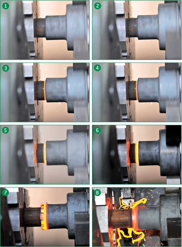 Rotationsreibschweißen Schritt für Schritt bis zum Abdrehen der  charakteristischen Materialwulst.