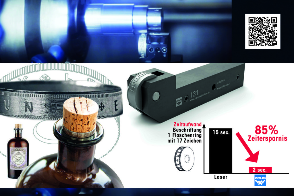 Mit den in den Zerspanprozess integrierten zeus Beschriftungswerkzeugen sparen Anwender enorm viel Zeit beim Beschriften von Werkstücken, wie das Beispiel des Korkenrings verdeutlicht.