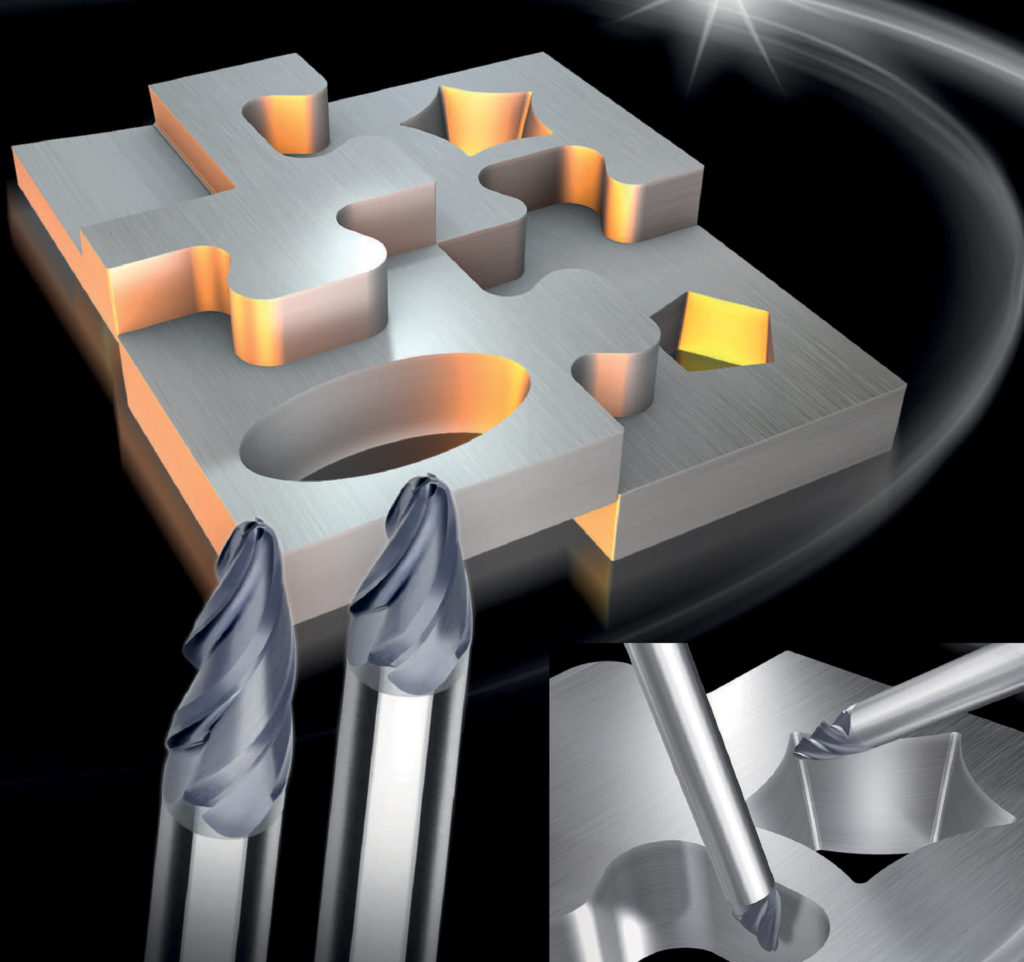 Die CurveMax-Fräser von Inovatools ermöglichen im Gegensatz zu herkömmlichen Vollradiusfräsern dank ihrer speziellen Geometrie einen höheren Bahnabstand bzw. Zeilensprung beim Vorschlichten und Schlichten. So ist der Wirkradius bei gleichem Werkzeugdurchmesser größer.