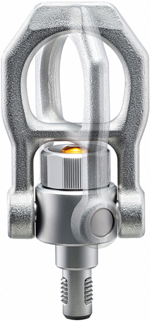 Der drehbare Schäkel der Gewindetragbolzen richtet sich beim Anheben immer in Zugrichtung aus ohne dass sich der Bolzen dreht. Dadurch wird das Lasthebemittel nicht aus dem Gewinde gedreht und das Bauteil kann sicher angehoben werden.