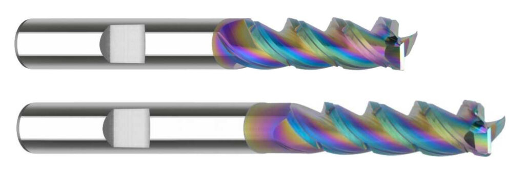 Oben: First Choice für die trochoidale Strategie TSC: VHM-Dynamikfräser (Artikelnummer: 2.414, Beschichtung ta-C), Anwendung: Nichteisenmetalle, Kunststoffe, GFK/CFK 
Unten: First Choice für die trochoidale Strategie TSC: VHM-Dynamikfräser ER (Artikelnummer: 2.410, Beschichtung ta-C), Anwendung: Nichteisenmetalle, Kunststoffe, GFK/CFK 