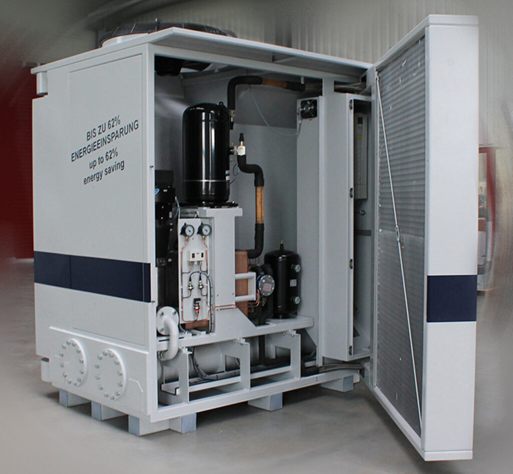 Der Kaltwassersatz KWS 250 hat eine Kälteleistung von 250 kW für Solebetrieb. Die Regelgenauigkeit liegt bei +/-1,0 K.
