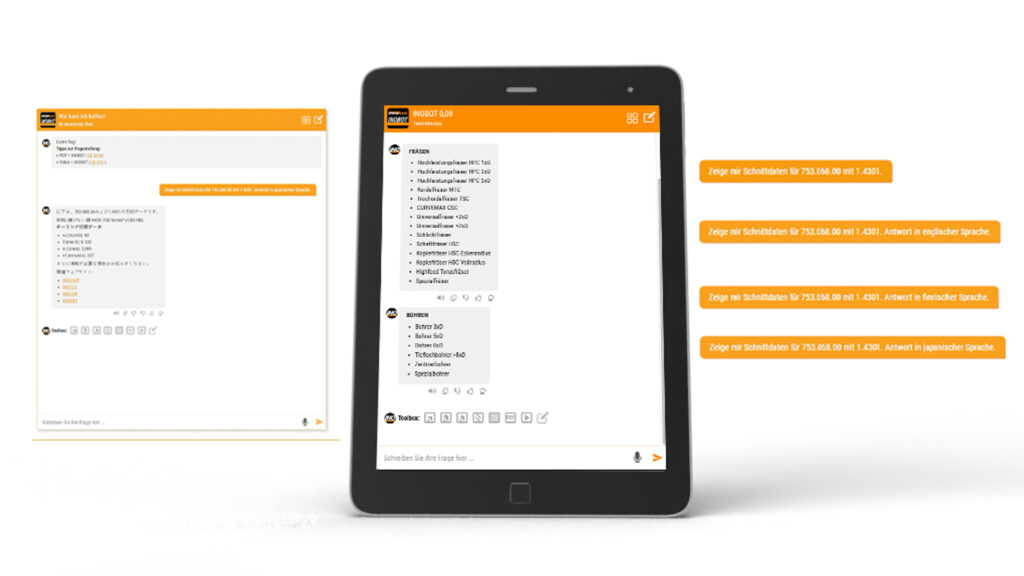 Ob Handy oder Tablet etc. – INOBOT, die App für iOS und Android liefert in Echtzeit fundierte Antworten auf Fragen rund um Fräsen, Bohren, Reiben, Gewinden und die gesamte Inovatools-Produktwelt – jederzeit und ortsunabhängig.