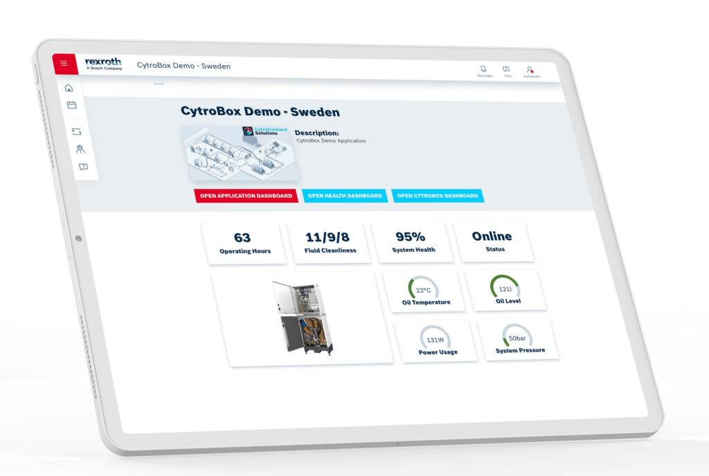 Die CytroBox ist ausgestattet mit einer integrierten Sensorik, Datenschnittstellen und Datenanalyse etwa durch CytroConnect Solutions. Das ermöglicht dem Pressenhersteller ein umfassendes Condition Monitoring. Instandhalter nutzen etwa diese App mit Ampellogik, um den Zustand der Drückmaschine auf einen Blick zu erfassen und Wartungen gezielt in geplanten Pausen durchzuführen.